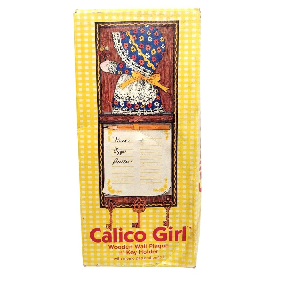 Calico Girl Vintage Wood Wall Plaque Key Holder Memo Pad 1983 WA